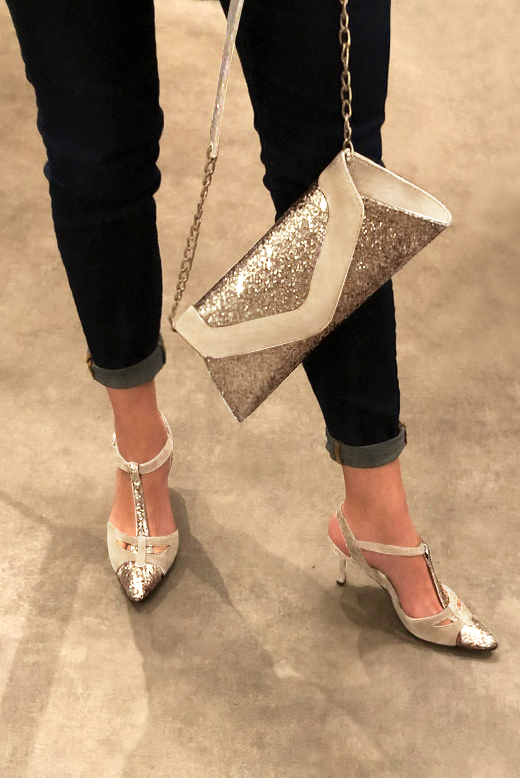 Gold and champagne white matching shoes and clutch for weddings and parties. High slim heel. Tapered toe. French elegance and refinement - Florence KOOIJMAN